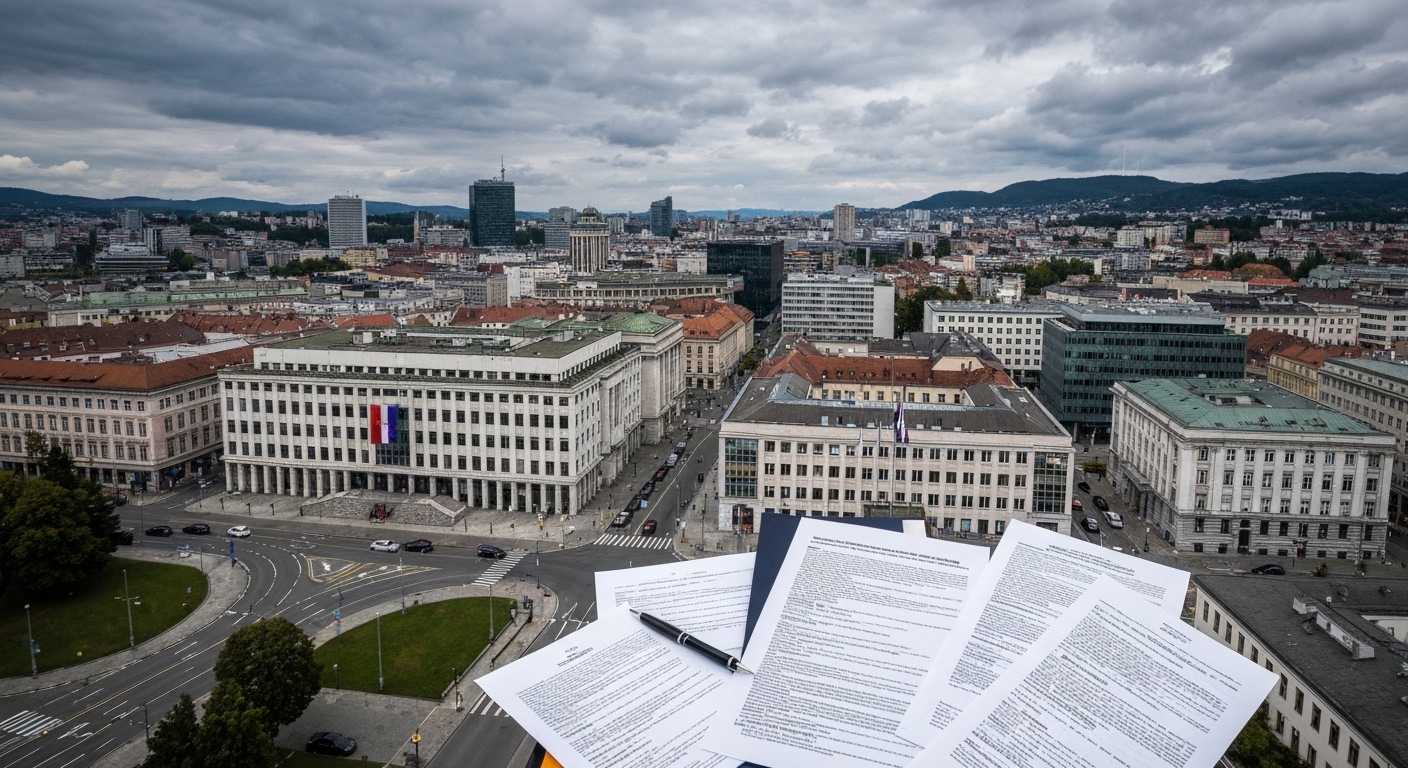 Poslovnež pregleduje neplačane račune pri računalniku, pisarniško okolje z dokumenti in grafikoni izterjave